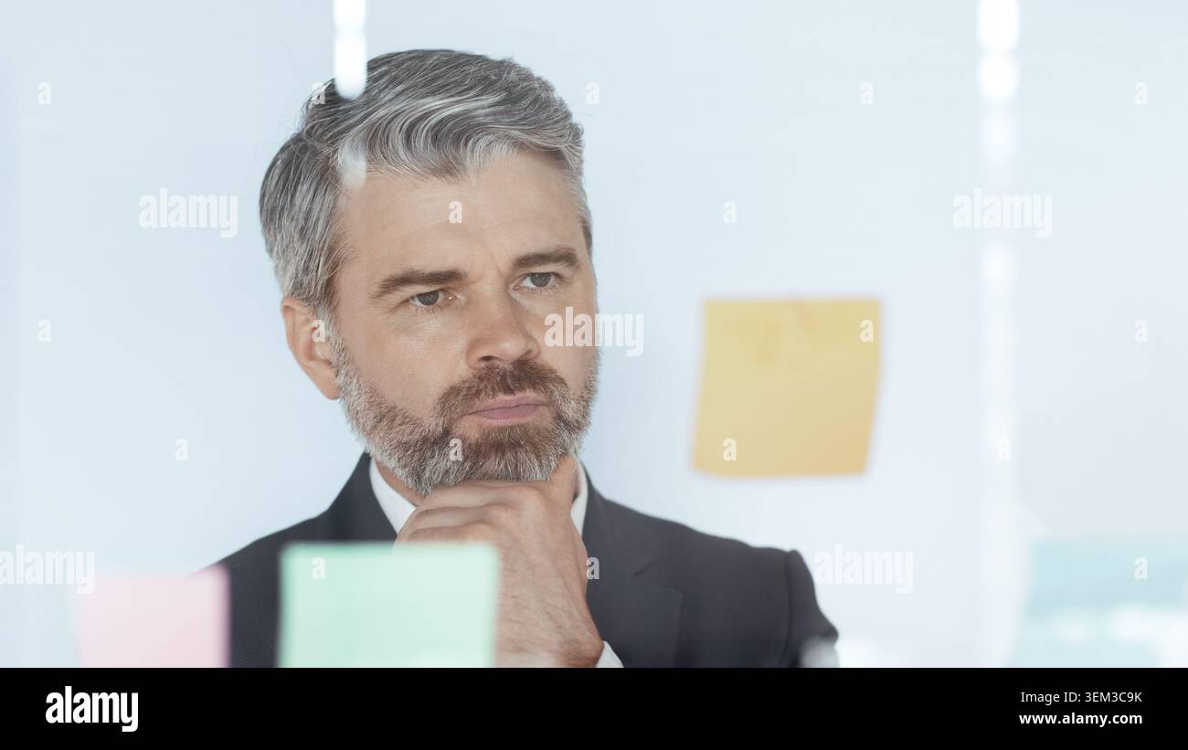 Uomo di mezza età che analizza idee in ufficio, concetto aziendale Foto Stock