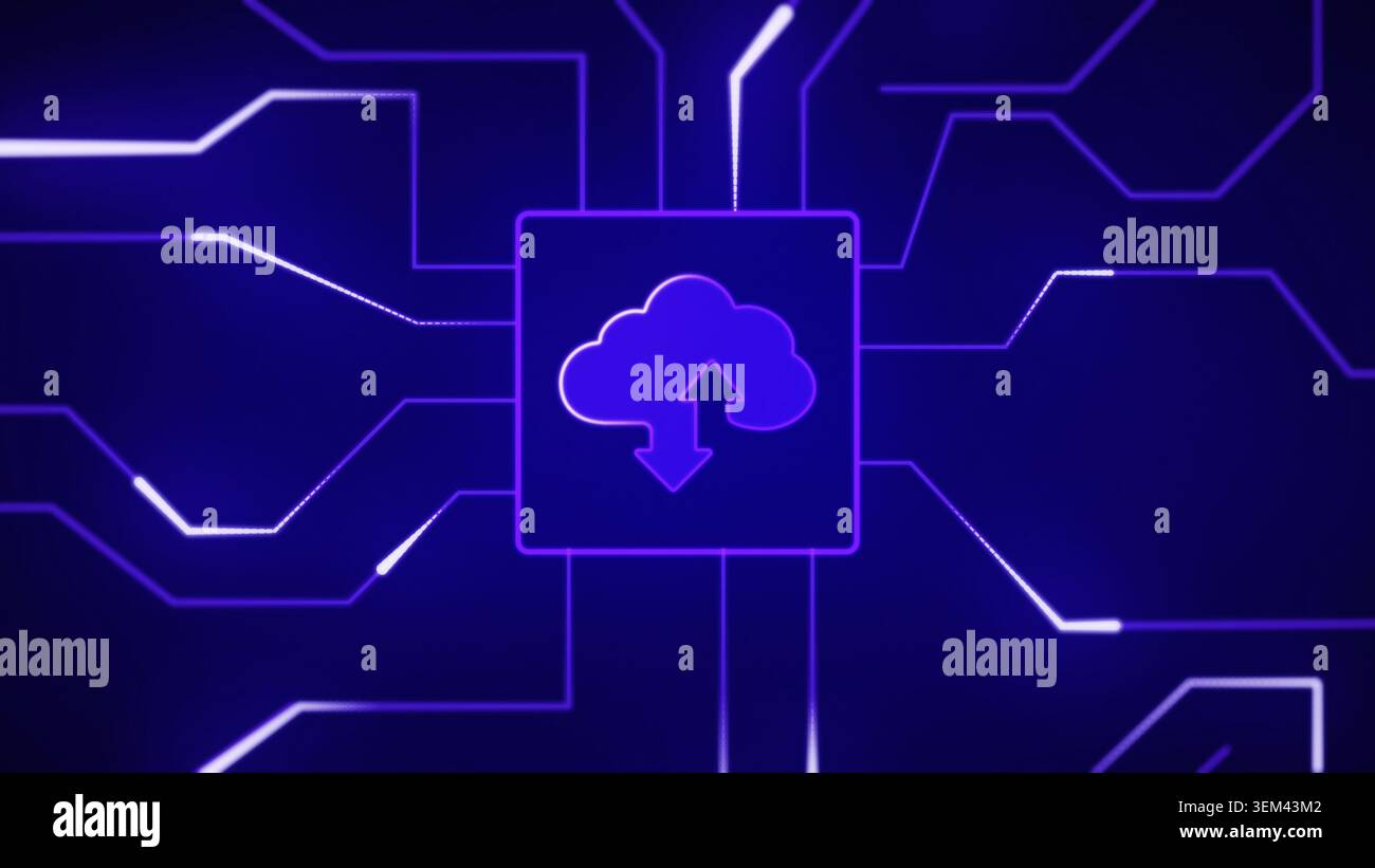 Icona cloud con frecce di caricamento e download su una scheda a circuito stampato illuminata, che rappresenta le moderne soluzioni digitali di trasferimento e archiviazione dei dati Foto Stock