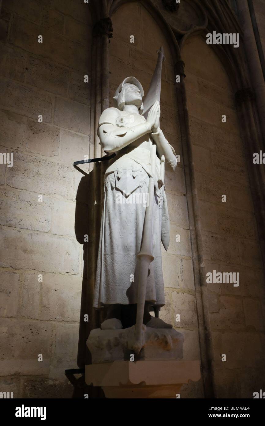 Statua di Giovanna d'Arco illuminata in una cattedrale buia di Notre Dame Foto Stock
