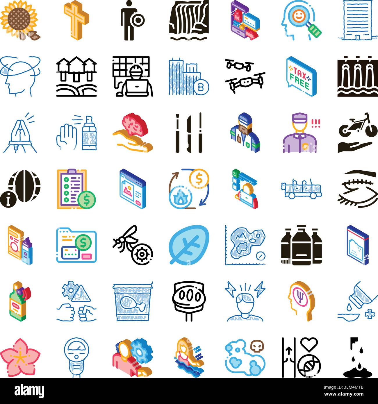 Icone isometriche diverse che illustrano vari concetti e temi Illustrazione Vettoriale