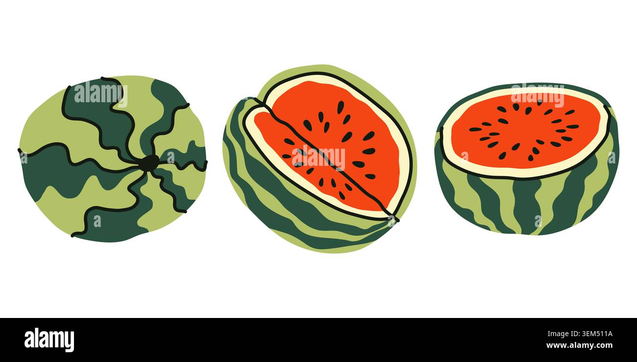 Set di tre cocomeri disegnati a mano. Intere, sezionate e tagliate su sfondo bianco. Semplici illustrazioni di frutta per mangiare sano, alimentari, estate Illustrazione Vettoriale