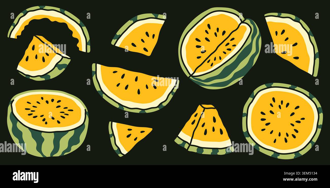 Raccolta di fette di anguria gialla e pezzi su sfondo scuro. Illustrazioni di frutta esotica disegnate a mano con polpa succosa e semi per il cibo estivo Illustrazione Vettoriale