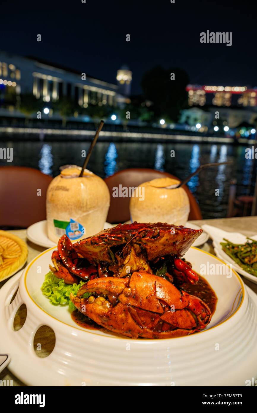 Fotografia gastronomica professionale che raffigura l'iconico granchio di Singapore su un piatto bianco con noci di cocco fresche in un ristorante notturno sul fiume. P Foto Stock