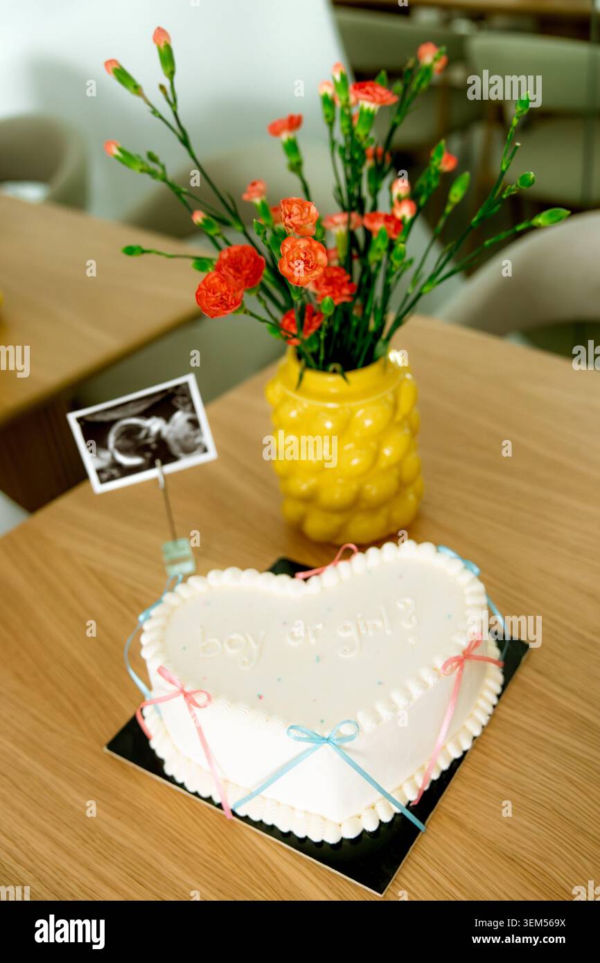 Il genere a forma di cuore rivela la torta con testo "ragazzo o ragazza", nastri rosa e blu, ecografia e garofani in vaso giallo Foto Stock