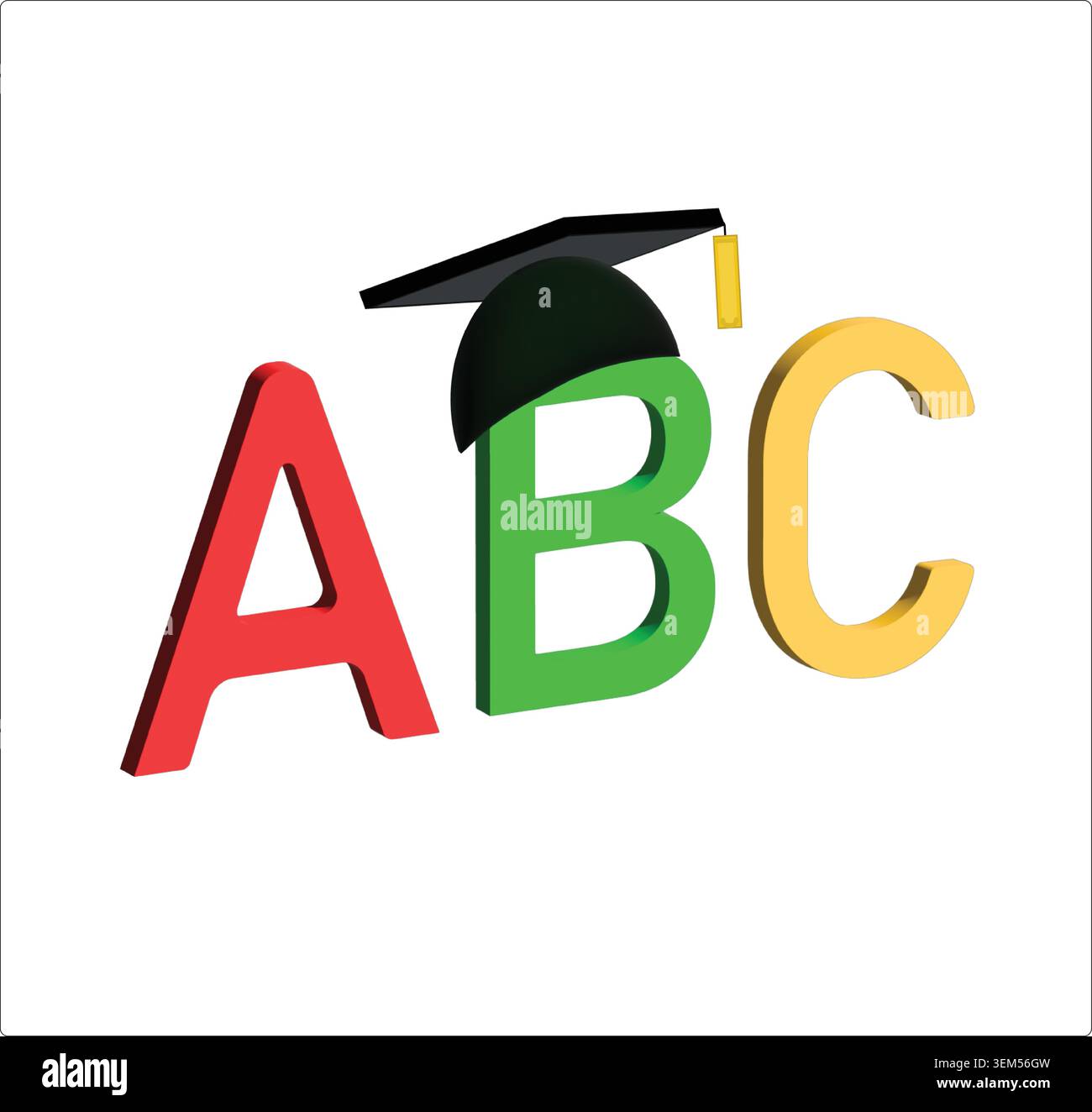 Illustrazione 3D vettoriale di lettere alfabetiche ABC colorate con un cappuccio di graduazione nero sulla lettera B, isolato su uno sfondo bianco pulito. Illustrazione Vettoriale