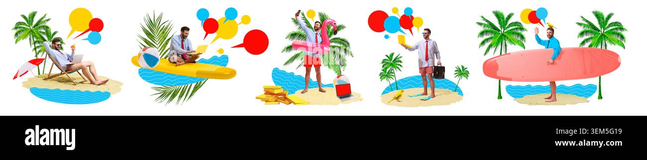 Uomo d'affari nomade digitale che lavora su scene di collage sulla spiaggia. Banner Foto Stock