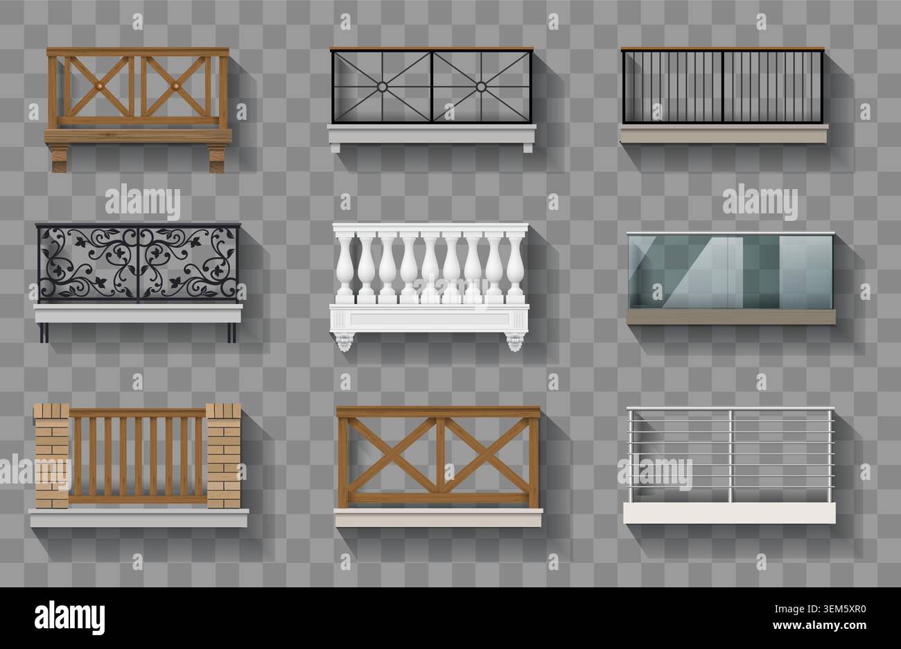 Set di balconi diversi sulla facciata Illustrazione Vettoriale