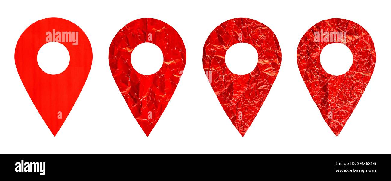 Set di puntini gps rossi della mappa di posizione realizzati in carta sgrossata isolata su sfondo bianco Foto Stock