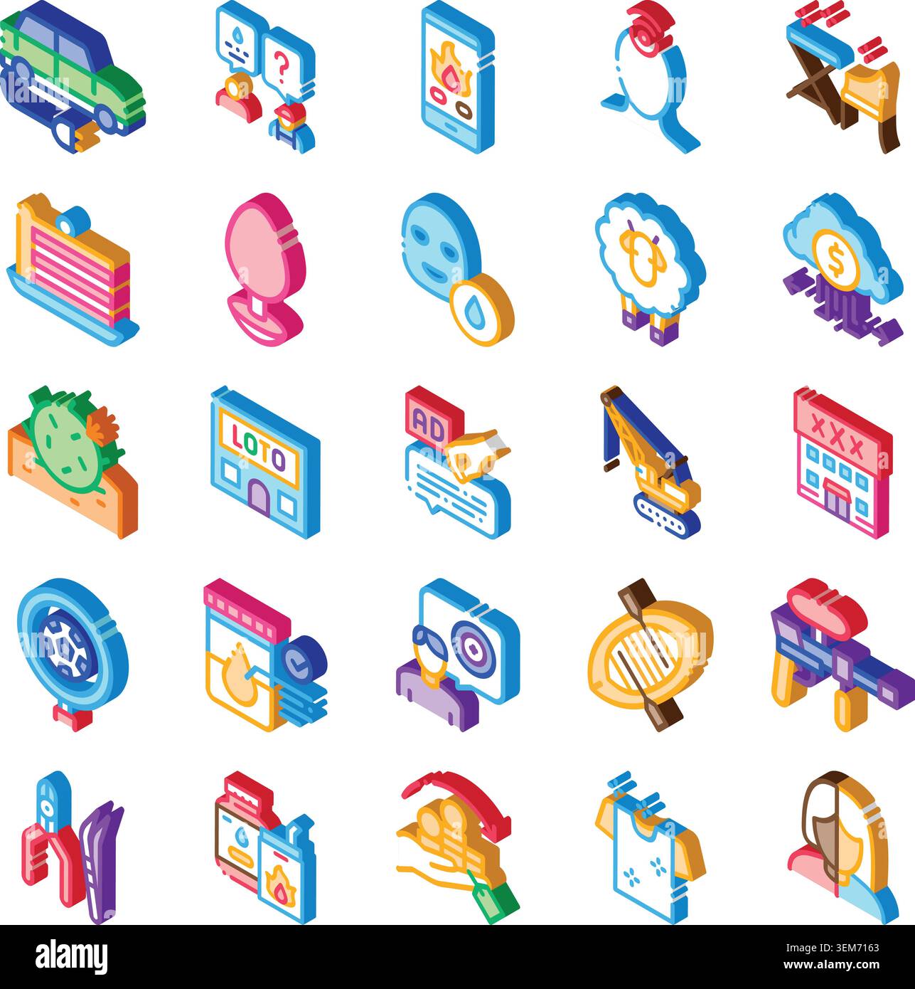 Diverse icone isometriche che illustrano le attività e i servizi per il tempo libero Illustrazione Vettoriale
