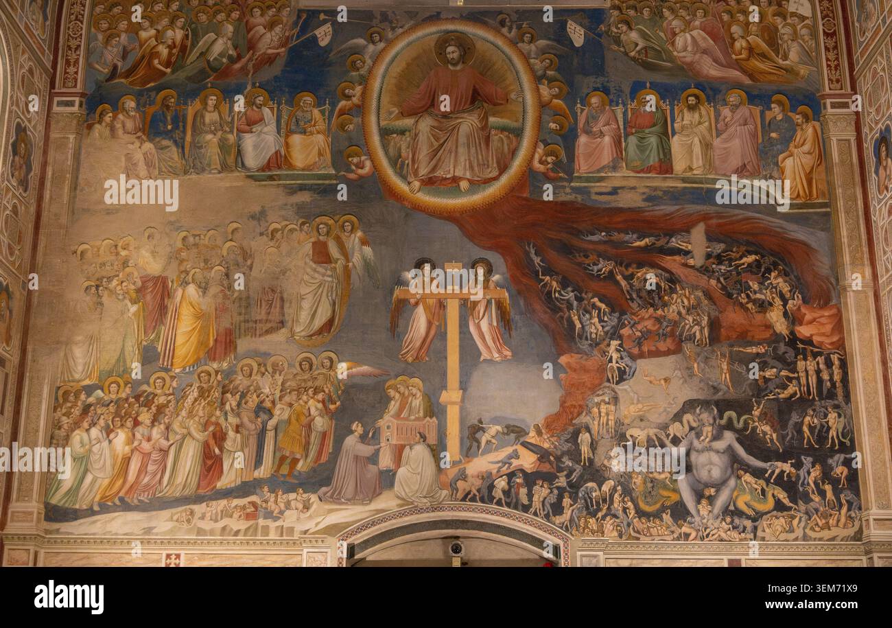 L'affresco del giudizio universale di Giotto. Cappella degli Scrovegni , Padova, Veneto, Italia. Foto Stock