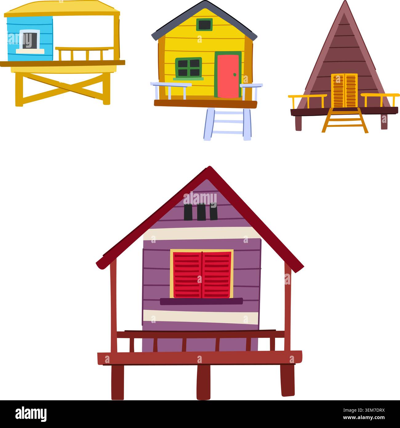 La collezione di case a palafitte offre bungalow tropicali per vacanze Illustrazione Vettoriale