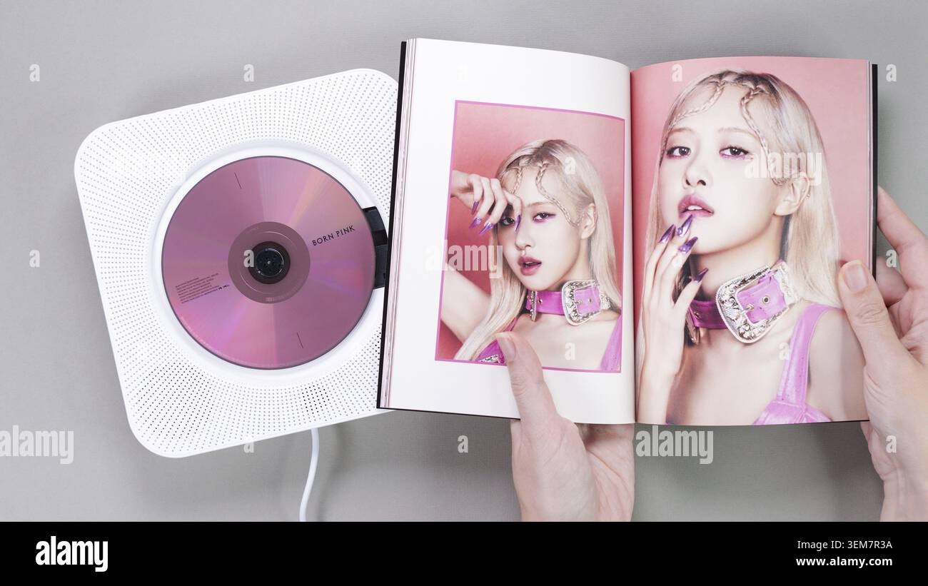 Fan Hands Holding BlackPink BORN PINK 2nd Album fotobook con Rose su grigio. Lettore CD di musica rosa. Gruppo di ragazze sudcoreane BlackPink. Spazio per tex Foto Stock