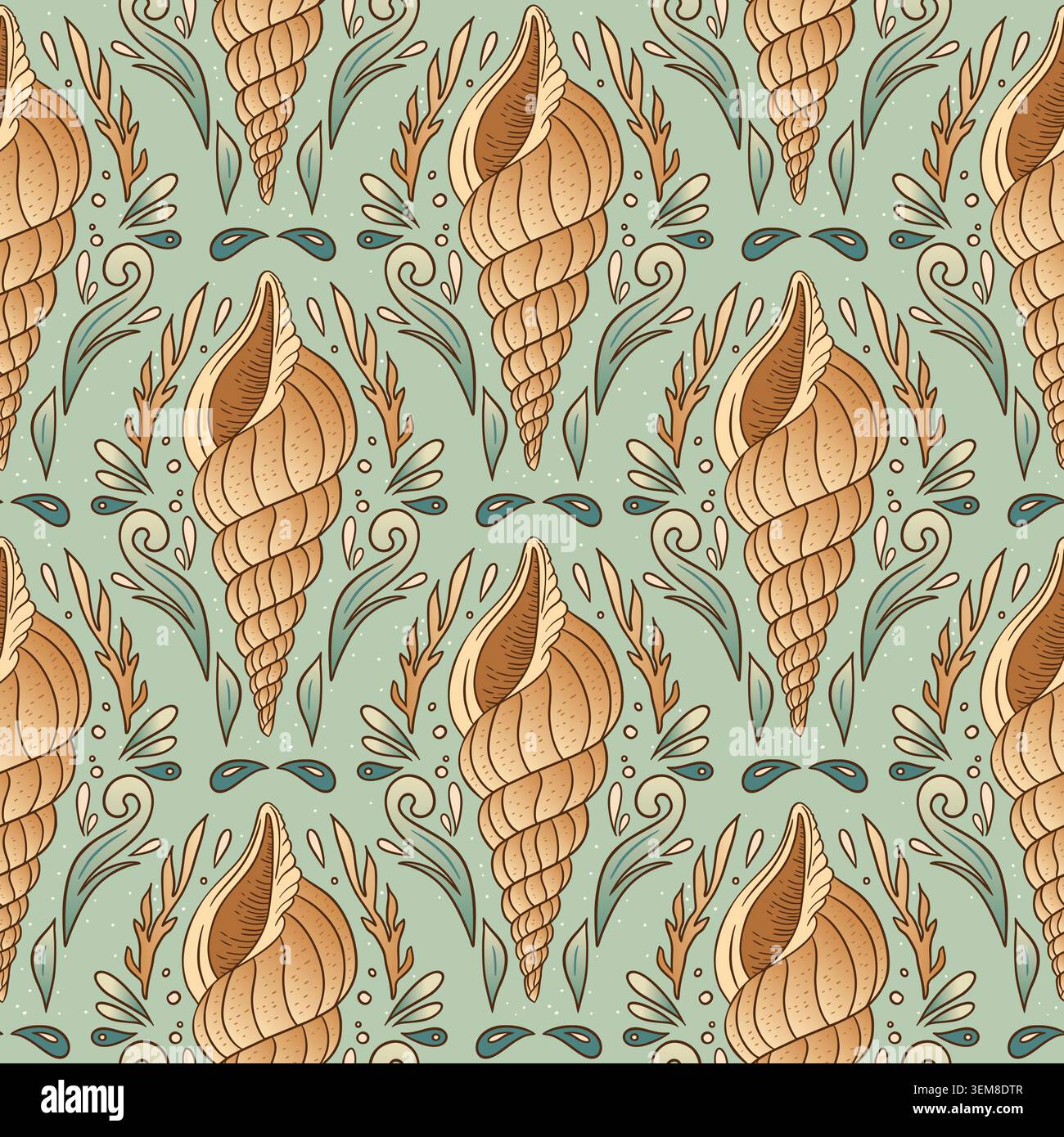 Sfondo in tessuto costiero decorativo decorativo con motivo Seashell Seashell Seashell vintage Boho Shell Seashell Seashell Illustrazione Vettoriale