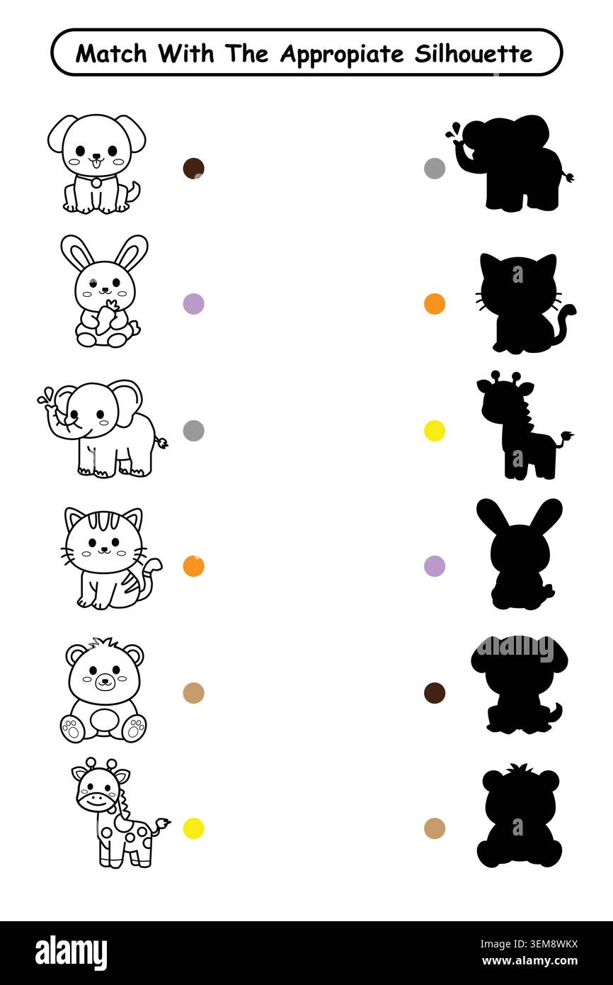 Foglio di lavoro educativo con sagome da abbinare per bambini in età prescolare per migliorare la riconoscimento visivo e le capacità di apprendimento cognitivo. Illustrazione Vettoriale