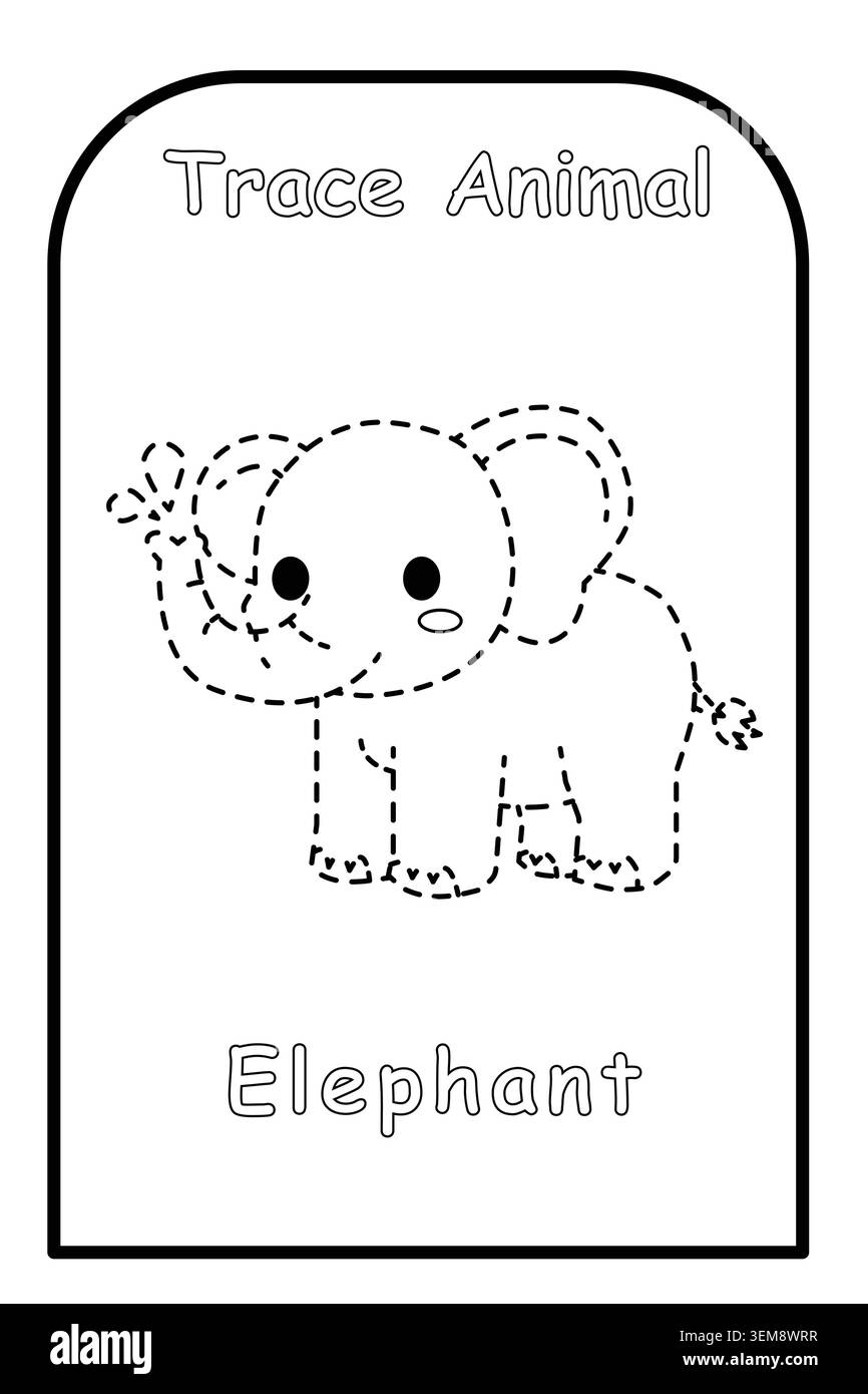 Foglio da colorare divertente con un elefante per bambini in età prescolare per supportare la pratica della scrittura e lo sviluppo della motricità fine. Illustrazione Vettoriale