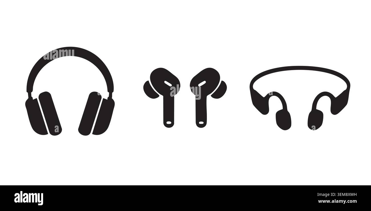 Set di cuffie e auricolari con silhouette nera Illustrazione Vettoriale