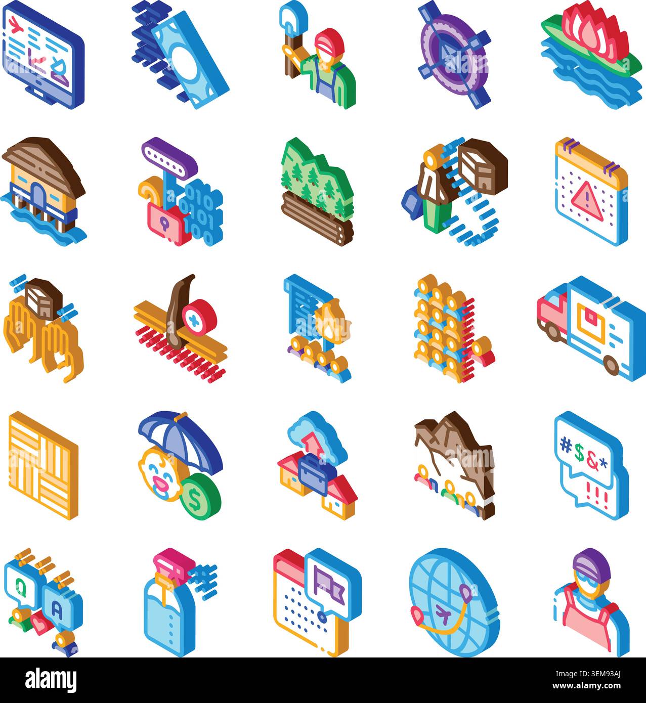 Set di icone isometriche che illustrano i servizi globali e i problemi sociali Illustrazione Vettoriale