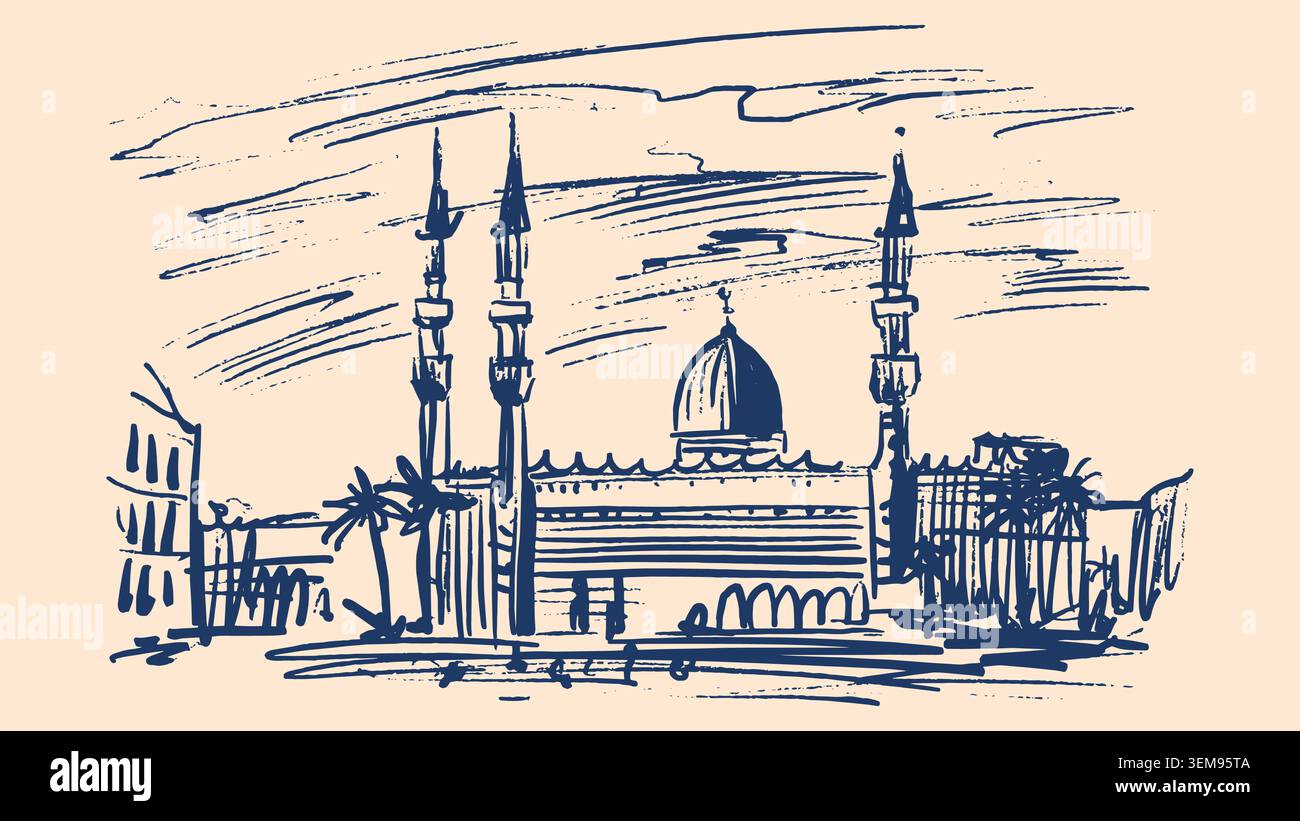 Disegno di una moschea musulmana con torri. Non esisteva un punto di riferimento architettonico astratto disegnato a mano. Chiesa o edificio in un paesaggio urbano Illustrazione Vettoriale