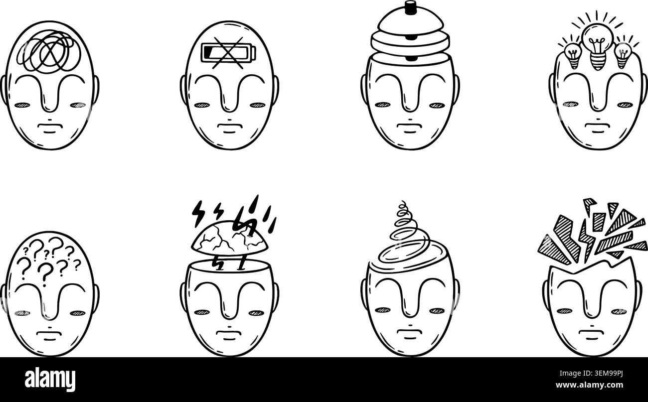 Stili astratti. Uno stile mentale logico, creativo e fantasioso. Diversi stati mentali e psicopatici. Stanco, riflesso, confusione, neoterico Illustrazione Vettoriale