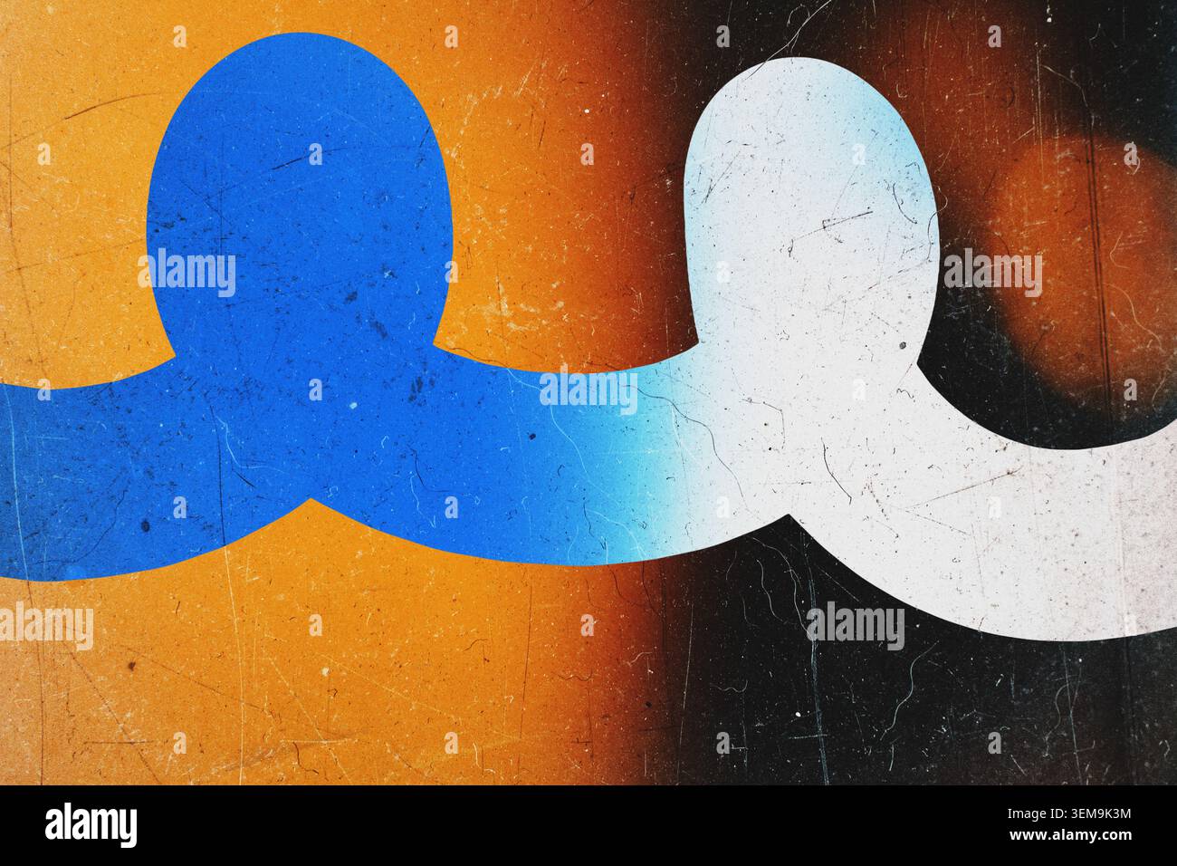 Onda grafica retrò in blu e bianco su sfondo arancione con polvere e graffi Foto Stock