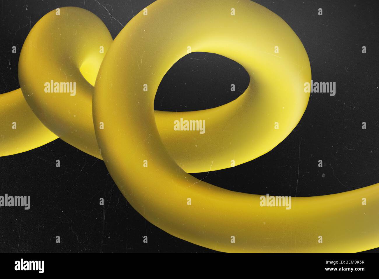 Tubo al neon giallo 3D astratto ondulato su sfondo scuro con particelle di polvere Foto Stock