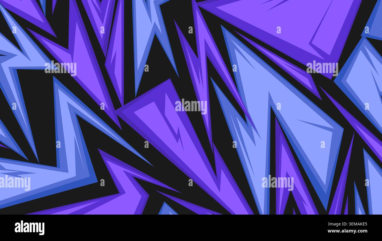 Sfondo audace in stile graffiti con forme nitide del lampo in tonalità viola, giallo e blu, che creano un'energica esplosione Street pop per una grafica dinamica Foto Stock