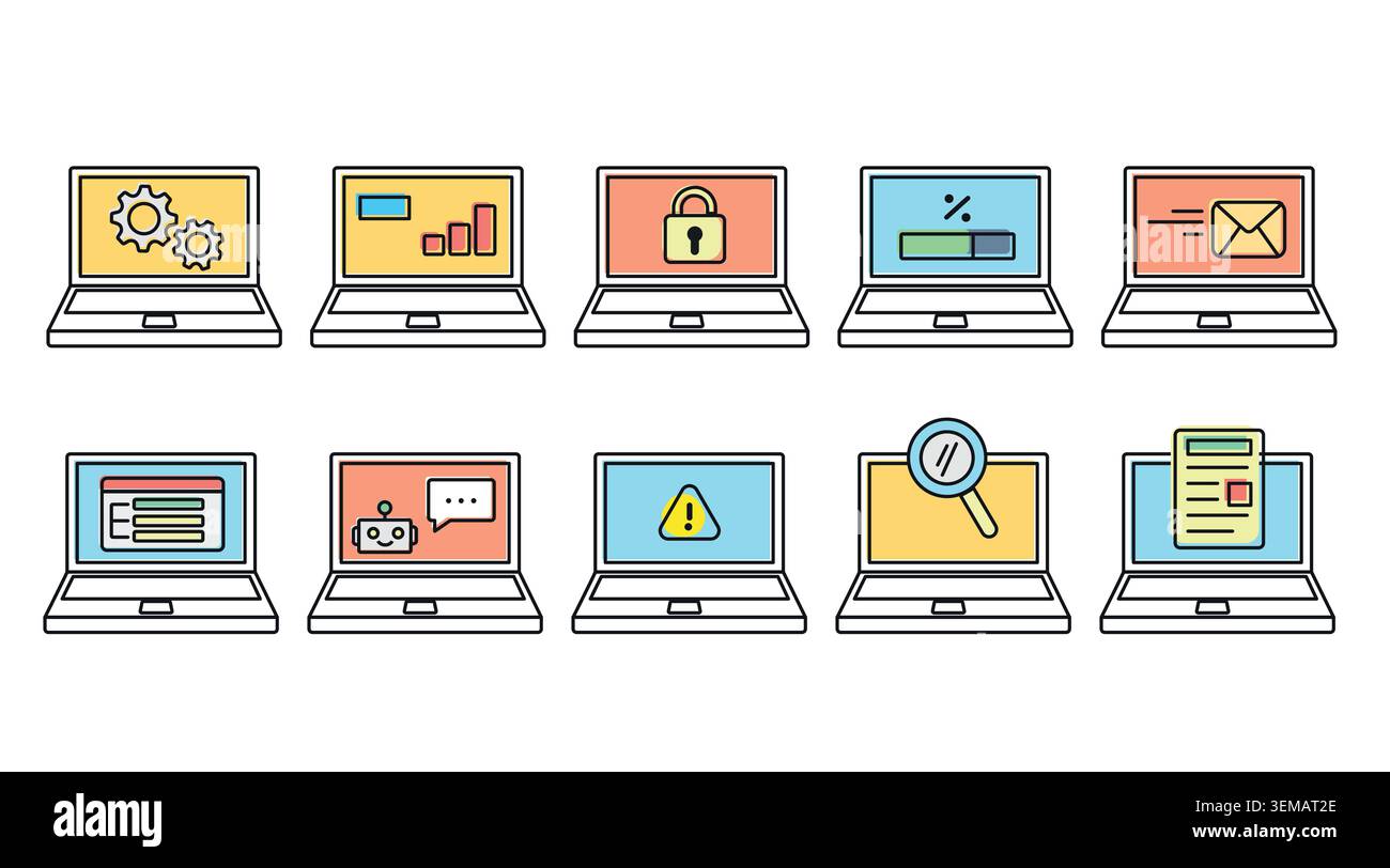 Mega set di 10 icone di computer laptop: Moderni vettori di notebook per PC con schermi aziendali, di sicurezza, chatbot e di analisi, black line art con offset c Illustrazione Vettoriale