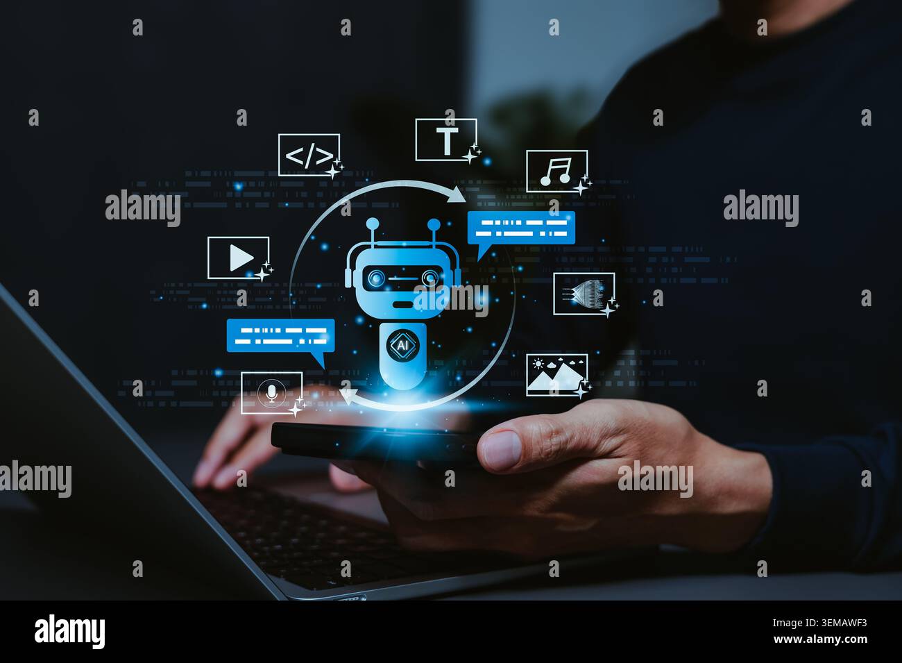 Concetto di flusso di lavoro per la creazione di contenuti generativi e di ingegneria dei prompt AI. Persona che utilizza un notebook con chatbot, messaggio, codice, immagine, video, musica, voce, a. Foto Stock