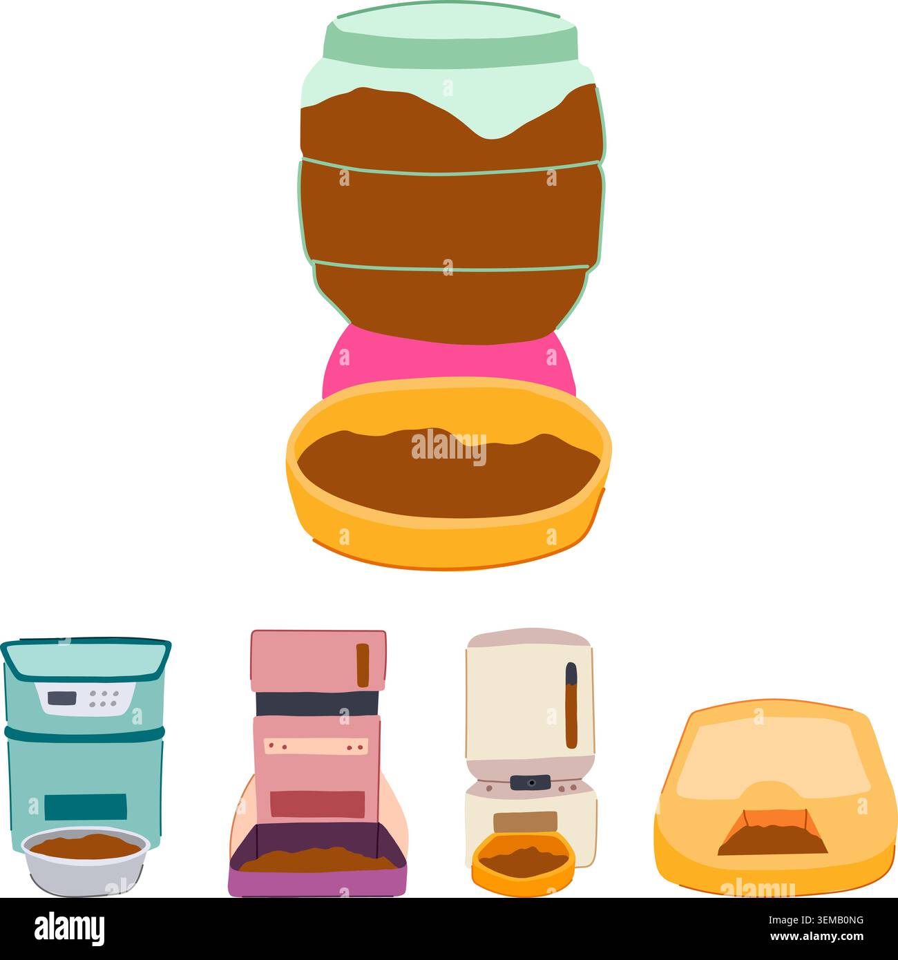 Dispositivi di alimentazione automatica per animali domestici che forniscono alimenti per animali Illustrazione Vettoriale