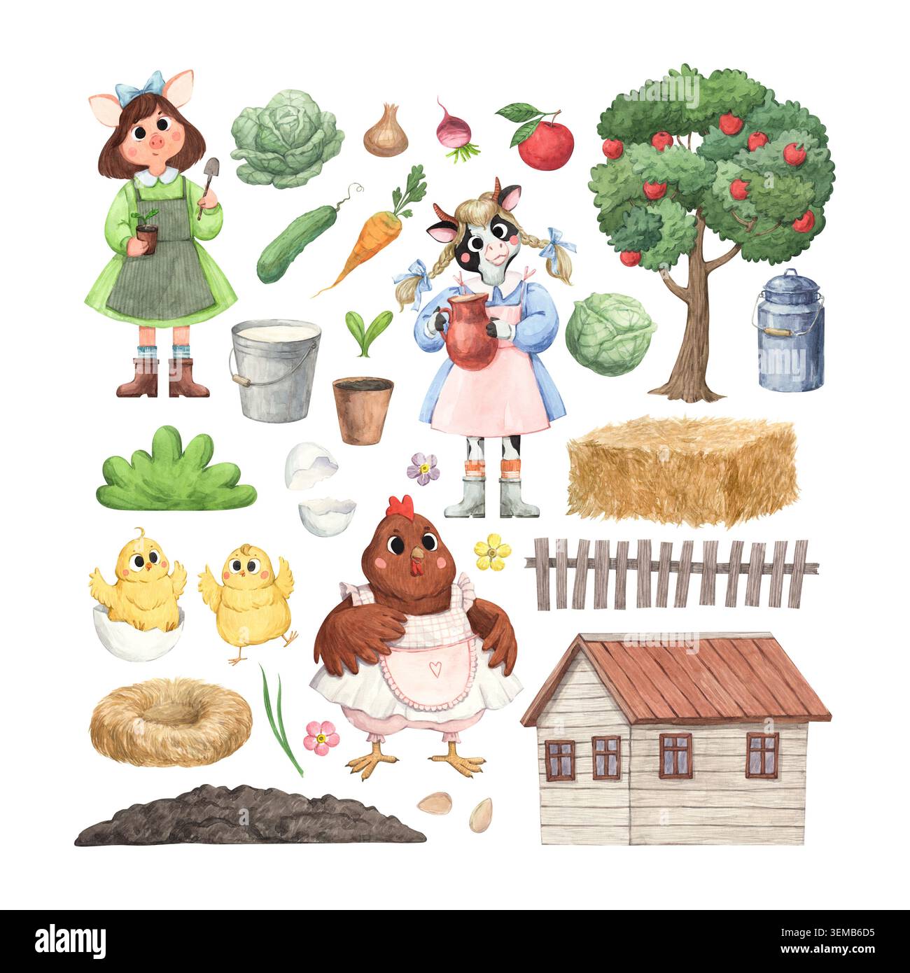 Set Clipart Acquerello fattoria con animali ed elementi da giardino Foto Stock