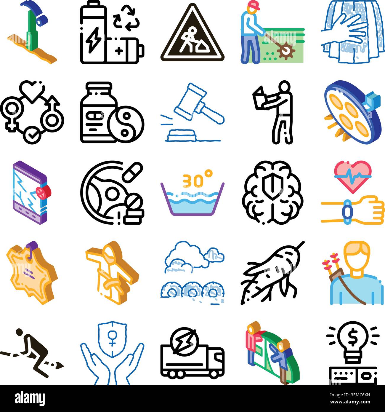 Icone isometriche diverse che illustrano i concetti di salute e industria Illustrazione Vettoriale
