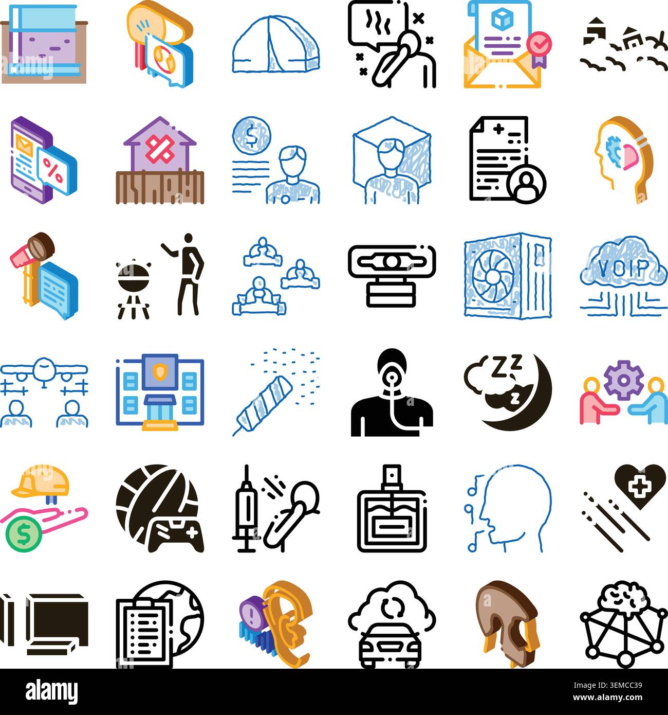 Icone diverse che rappresentano la tecnologia aziendale e la salute Illustrazione Vettoriale