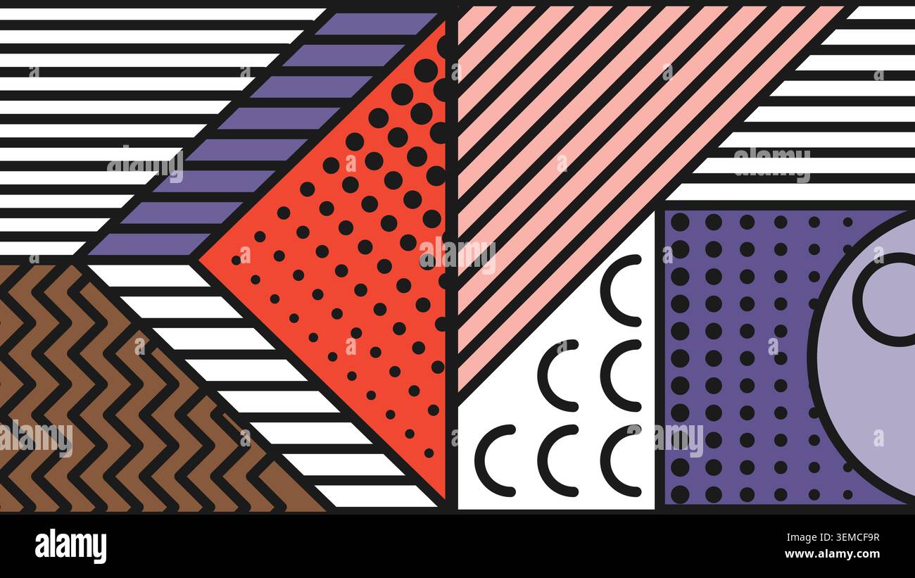 Design geometrico astratto con linee, punti e forme audaci in rosso, viola e marrone, perfetto per sfondi moderni Illustrazione Vettoriale