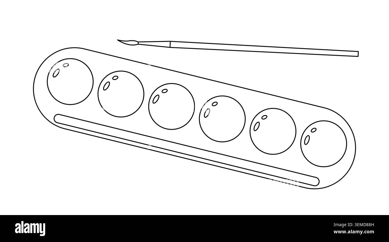 Scatola di pitture e pennello forniscono un contorno semplice illustrazione disegnata a mano, materiale di pittura per bambini, oggetto fisso scolastico, concetto di ritorno a scuola, strumento di pittura per hobby, artigianato, disegno, clipart Illustrazione Vettoriale