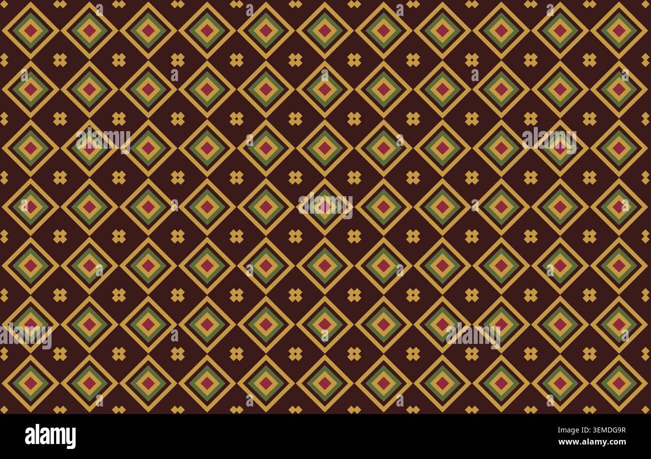 Un design di colorate forme di diamante disposte in un motivo ripetuto su uno sfondo scuro. Questo modello può essere utilizzato in tessuti o articoli per l'arredamento Foto Stock