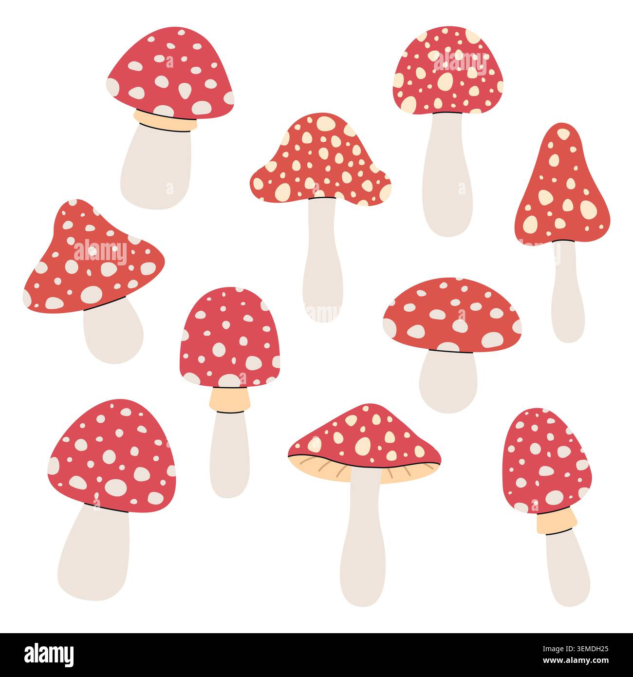 Raccolta di funghi agarici della mosca rossa di varie forme. Illustrazioni piatte disegnate a mano. Elementi vettoriali isolati su sfondo bianco. Illustrazione Vettoriale