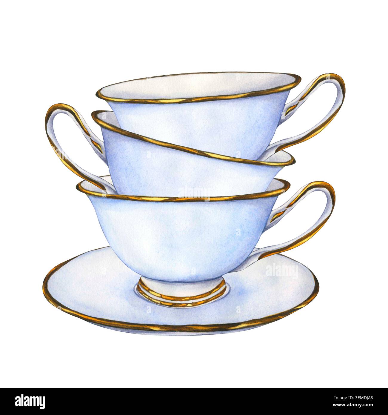 Tazze in porcellana in ceramica impilate l'una sull'altra. Illustrazione ad acquerello di un antico tè in porcellana. Tè pomeridiano inglese, festa o colazione Foto Stock