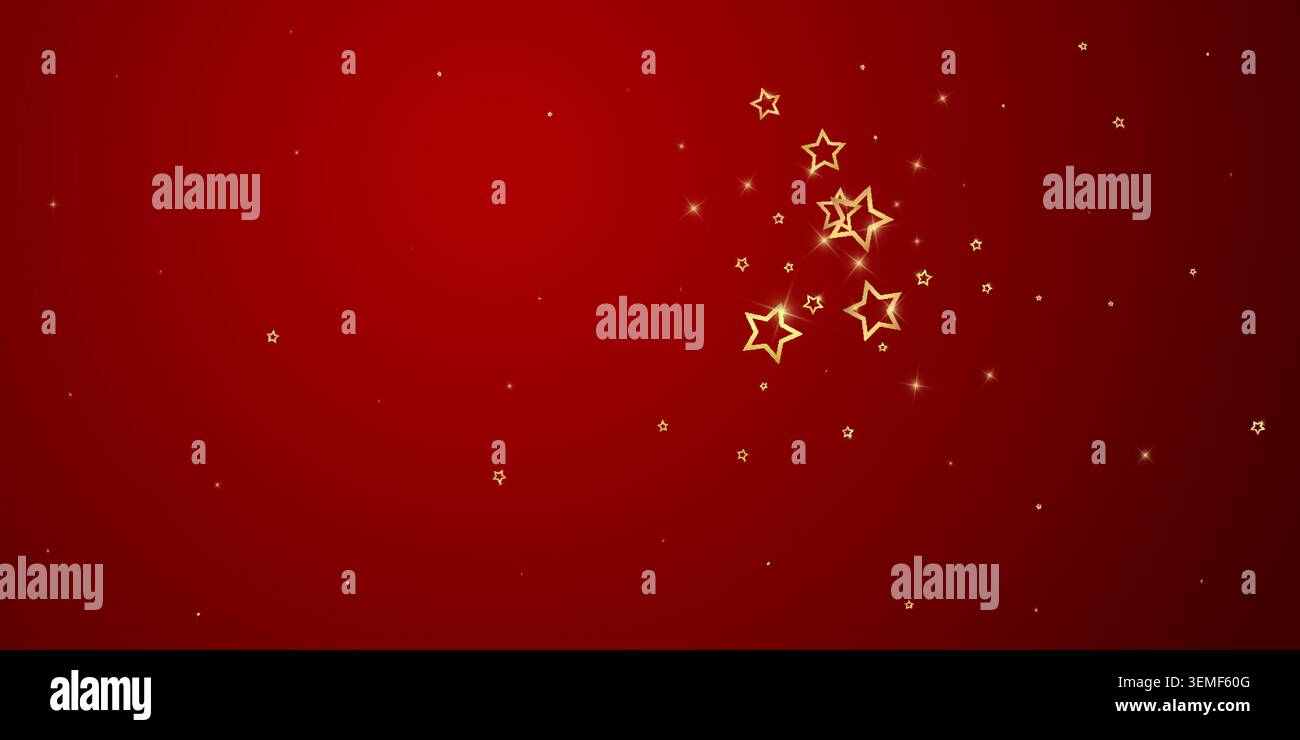 Stelle scintillanti sparse in modo casuale, volando, cadendo giù, fluttuando. Concetto di festa di Natale. Illustrazione vettoriale Festive Stars su sfondo rosso. Illustrazione Vettoriale