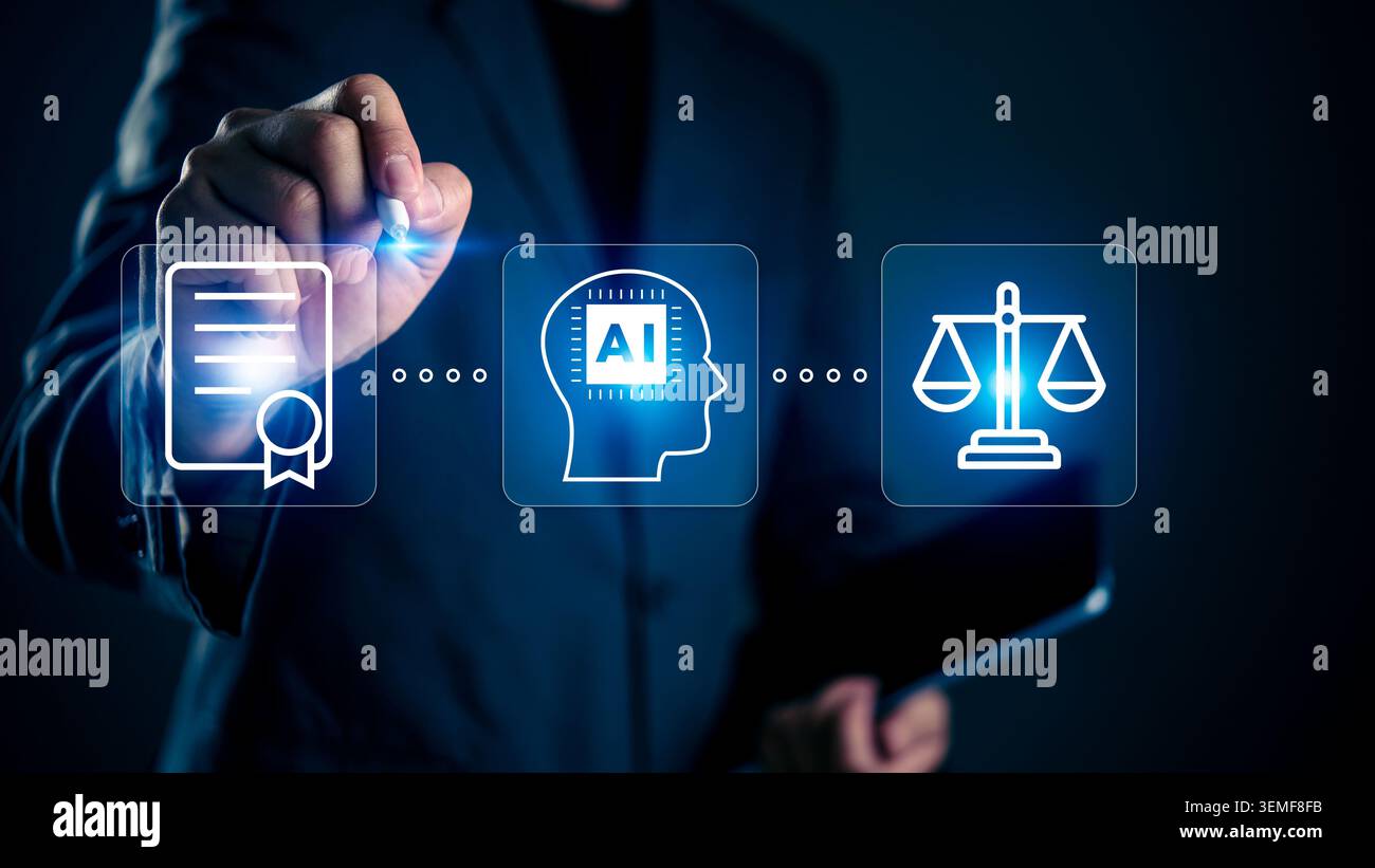 Uomo d'affari che utilizza lo stilo su schermo virtuale con icone ai, documenti e scale della giustizia. Concetto di regolamentazione ai, conformità legale, etica, copyright Foto Stock