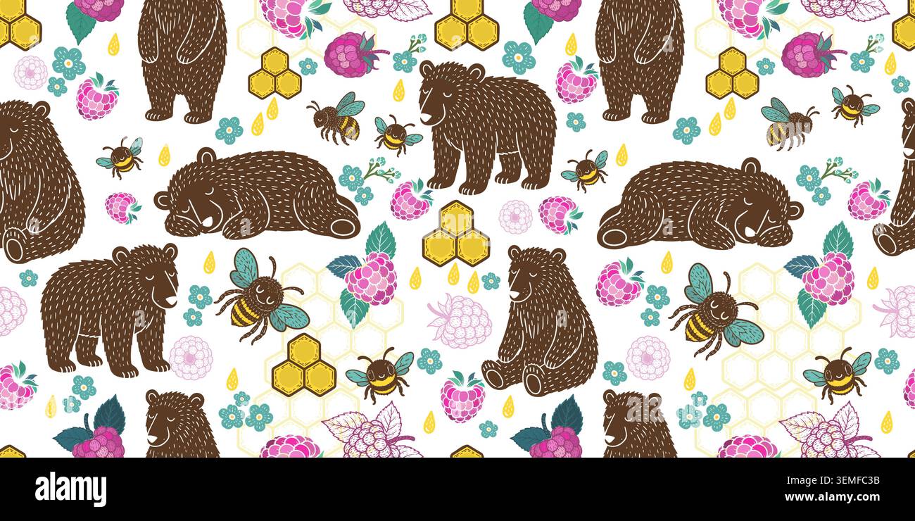 Orso, miele e lamponi senza cuciture. Disegnato a mano. Non ai, illustrazione vettoriale. Illustrazione Vettoriale