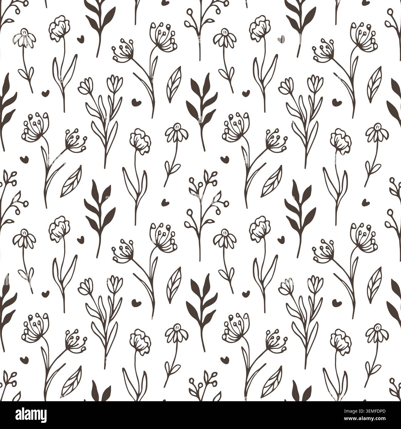 Motivo senza cuciture con fiori disegnati a mano. Illustrazione botanica con bozzetto in fiore e foglia. Carta da parati decorativa per design tessile, cancelleria e inviti di nozze Illustrazione Vettoriale