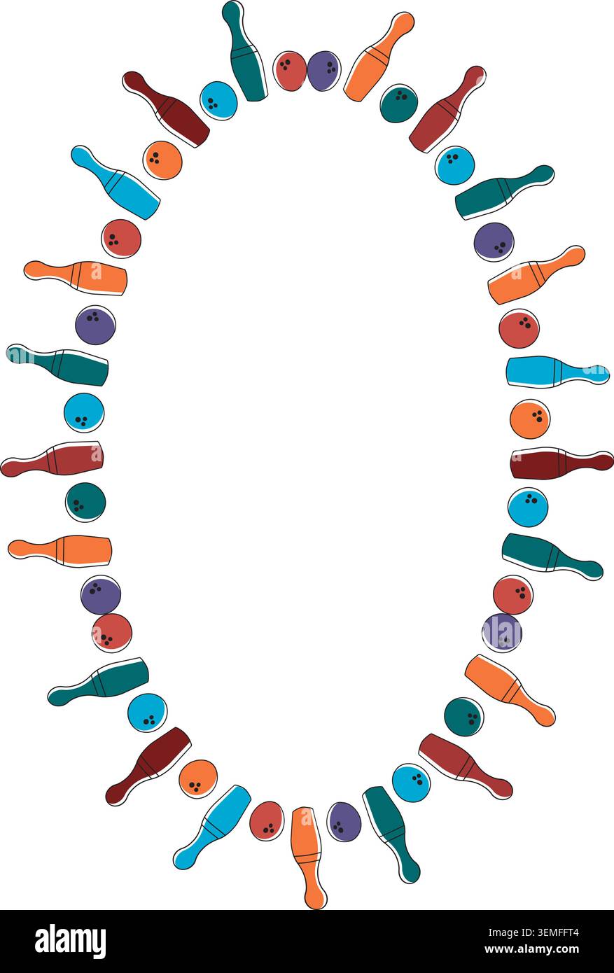 Palla da bowling per colpire lo spillo. Torneo di bowling. Design colorato per i giocatori Illustrazione Vettoriale