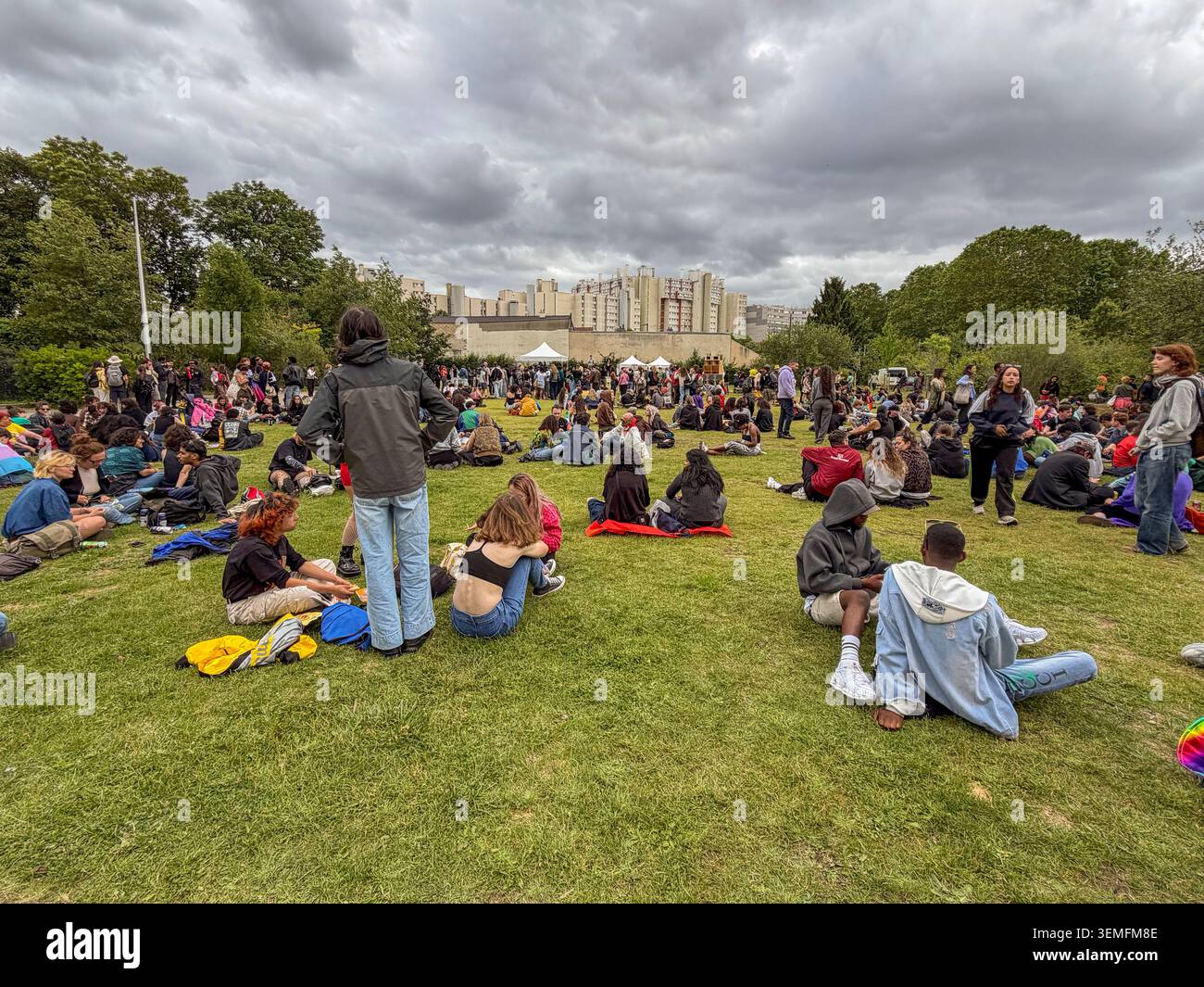 La Courneuve, Francia, grande folla giovani al Suburban Pride, 'Pride des Banlieues', relax dopo marzo, Parco Urbano, Vista grandangolare, seduti Foto Stock