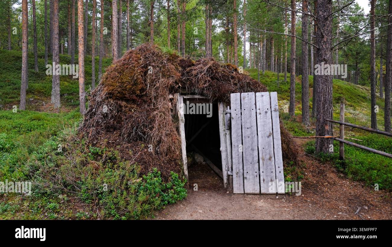 Tradizionale capanna Sami immersa in una foresta di conifere della Lapponia (Gámme / Kammi) Foto Stock