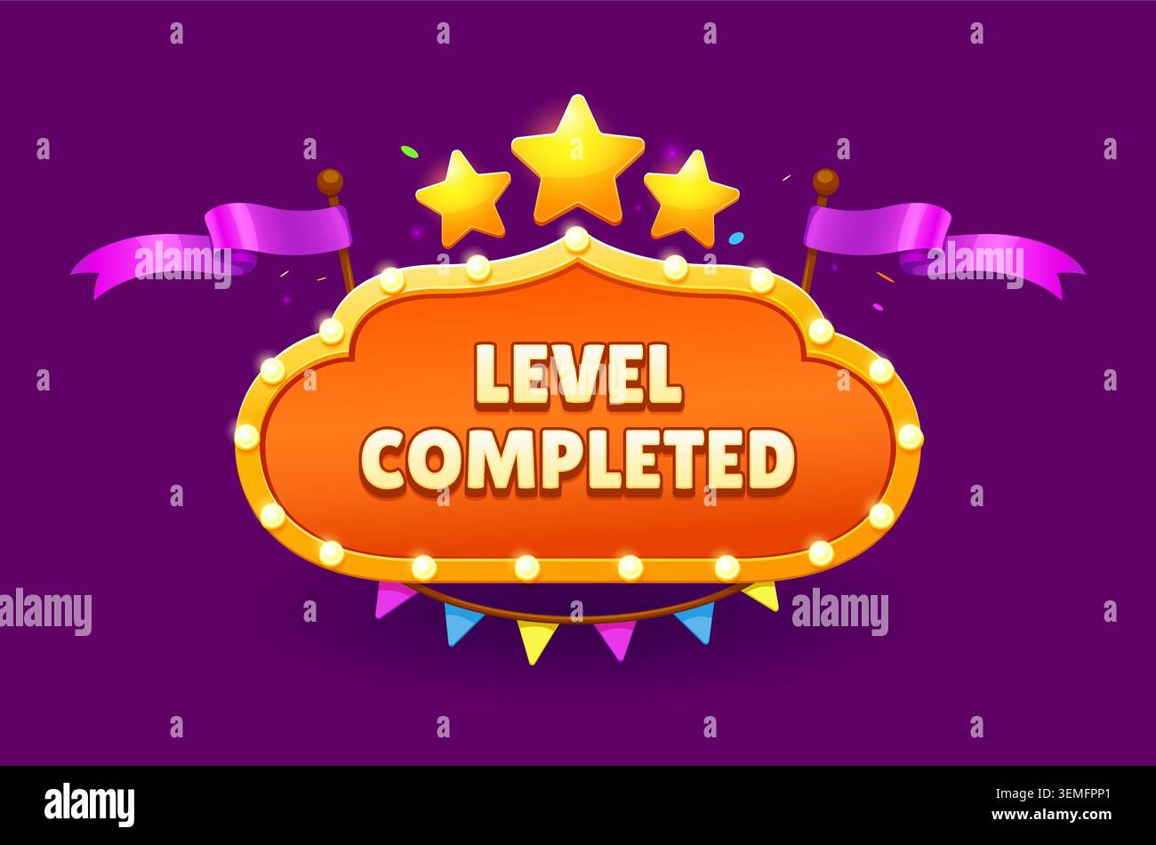 Icona livello interfaccia di gioco completato. Badge vettoriale dell'interfaccia utente che mostra messaggi, luci accese, stelle e nastri festivi, trasmettendo risultati e successi per i giochi mobili, le schermate dei premi e l'interfaccia utente Illustrazione Vettoriale