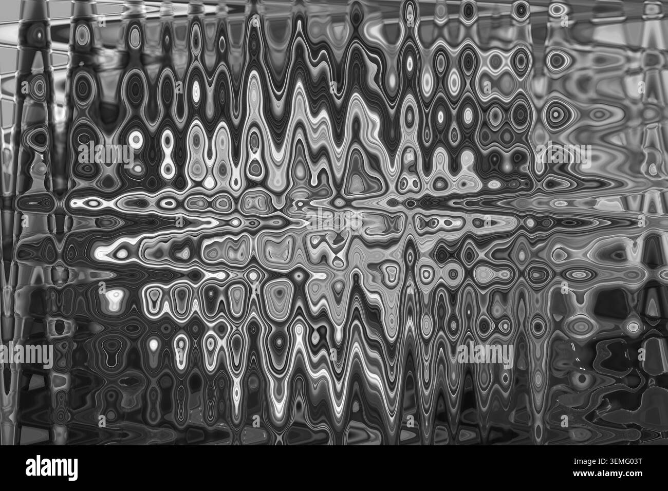 Texture caleidoscopio in marmo fluido bianco e nero astratto con motivo ovale concentrico e sfondo geometrico a ripetizione per poster per tappezzeria Foto Stock