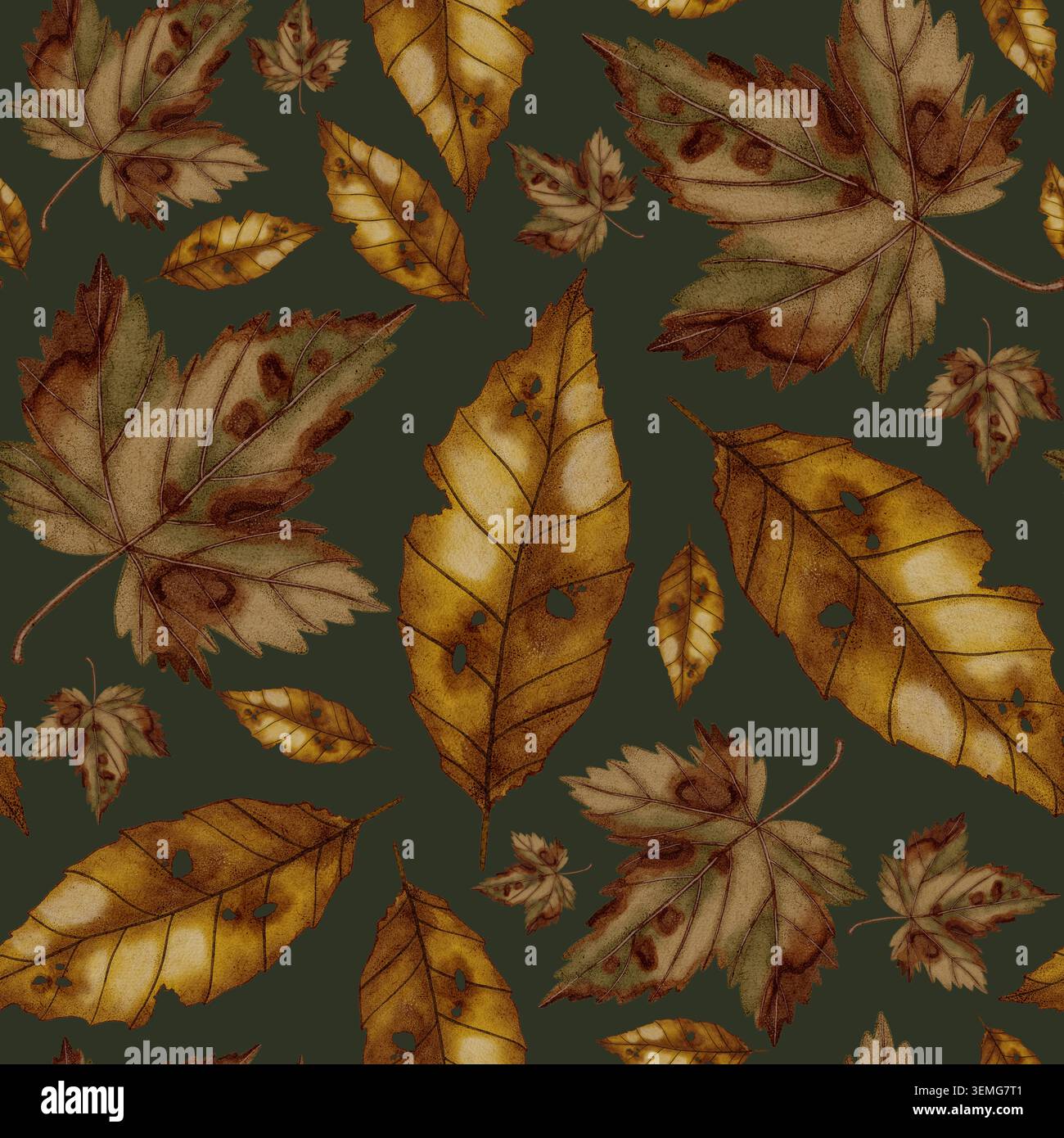 Motivo senza cuciture ad acquerello dipinto a mano con foglie autunnali. Modello autunnale. Natura morta autunnale. Illustrazione per bambini. Adatto per libri, imballaggi, Foto Stock
