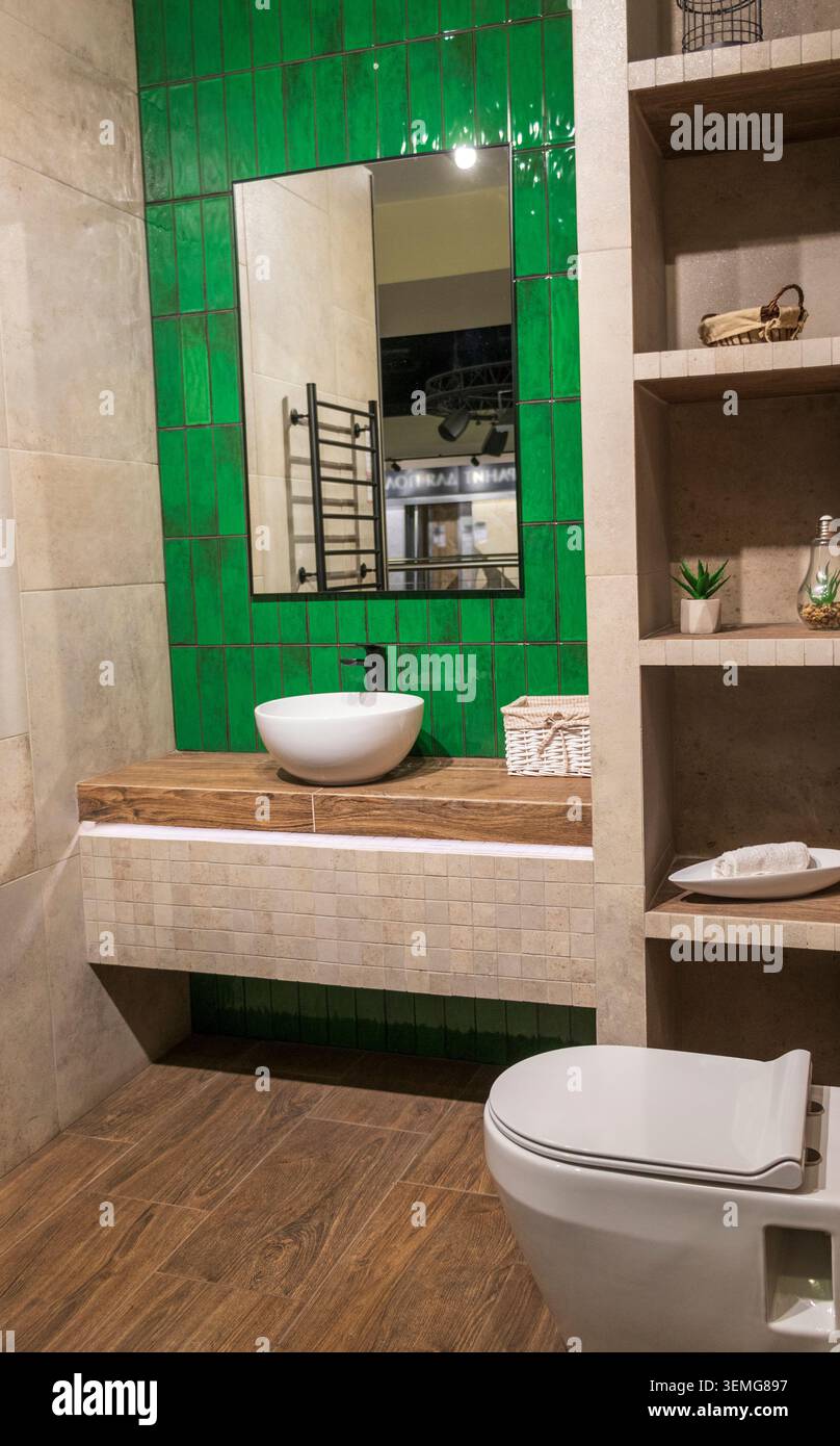 Bagno dal design contemporaneo con pareti in accento smeraldo e pavimento in legno Foto Stock