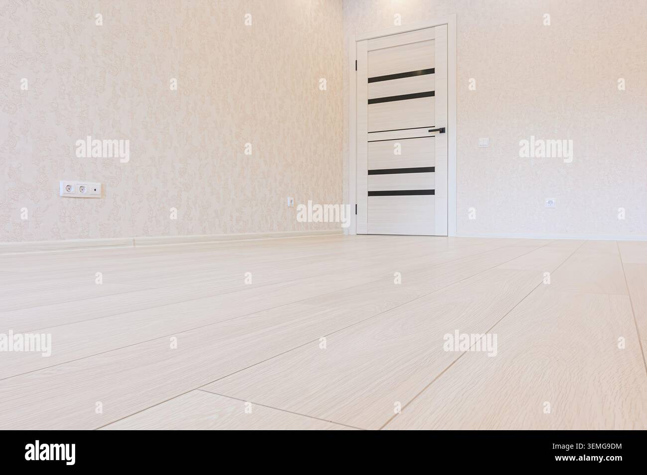 camera luminosa e vuota con pavimento in legno chiaro e carta da parati beige testurizzata. Una moderna porta bianca con accenti orizzontali neri si distingue contro di te Foto Stock