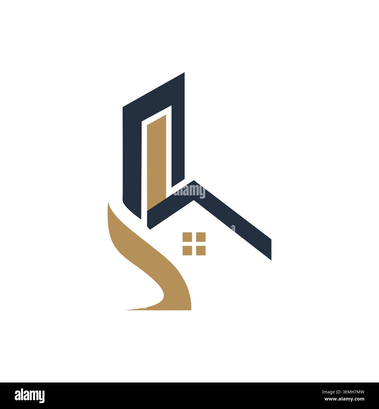 Logo astratto dell'edificio con un'elegante linea in Swoosh dorato. Illustrazione Vettoriale